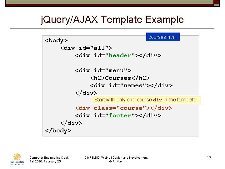 j. Query/AJAX Template Example courses. html <body> <div id="all"> <div id="header"></div> <div id="menu"> <h