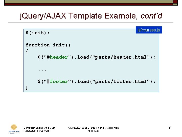 j. Query/AJAX Template Example, cont’d js/courses. js $(init); function init() { $("#header"). load("parts/header. html");