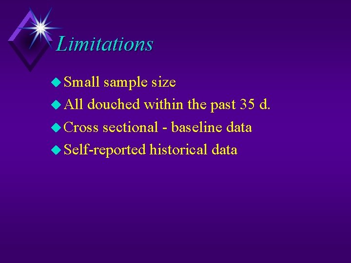 Limitations Small sample size All douched within the past 35 d. Cross sectional -