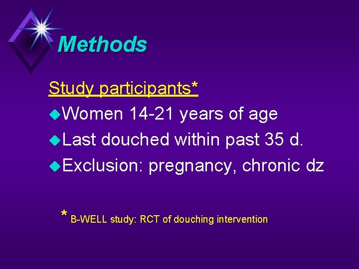 Methods Study participants* Women 14 -21 years of age Last douched within past 35