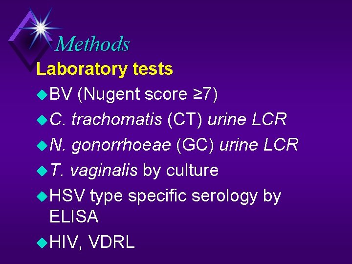 Methods Laboratory tests BV (Nugent score ≥ 7) C. trachomatis (CT) urine LCR N.