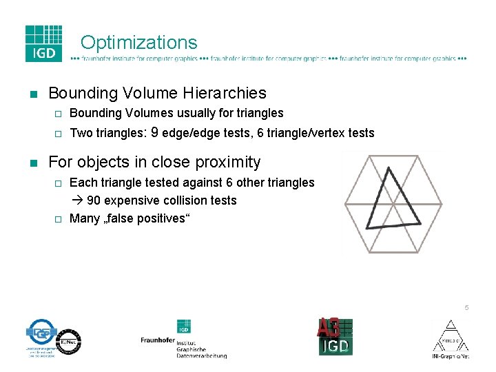 Optimizations n n Bounding Volume Hierarchies ¨ Bounding Volumes usually for triangles ¨ Two