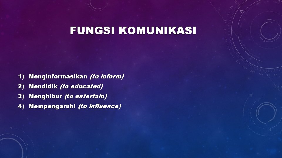 FUNGSI KOMUNIKASI 1) Menginformasikan (to inform) 2) Mendidik (to educated) 3) Menghibur (to entertain)