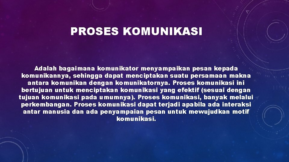 PROSES KOMUNIKASI Adalah bagaimana komunikator menyampaikan pesan kepada komunikannya, sehingga dapat menciptakan suatu persamaan