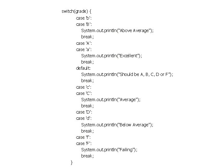 switch(grade) { case 'b': case 'B': System. out. println("Above Average"); break; case 'A': case switch(grade) { case 'b': case 'B': System. out. println("Above Average"); break; case 'A': case