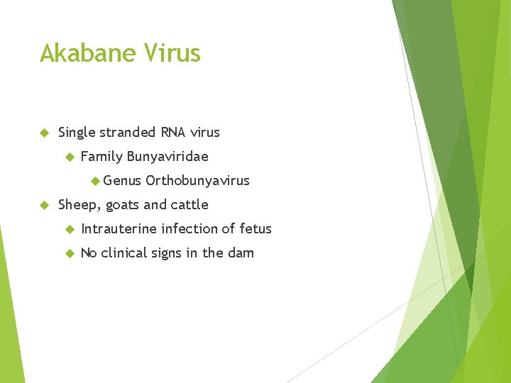 Akabane Virus Single stranded RNA virus Family Bunyaviridae Genus Orthobunyavirus Sheep, goats and cattle