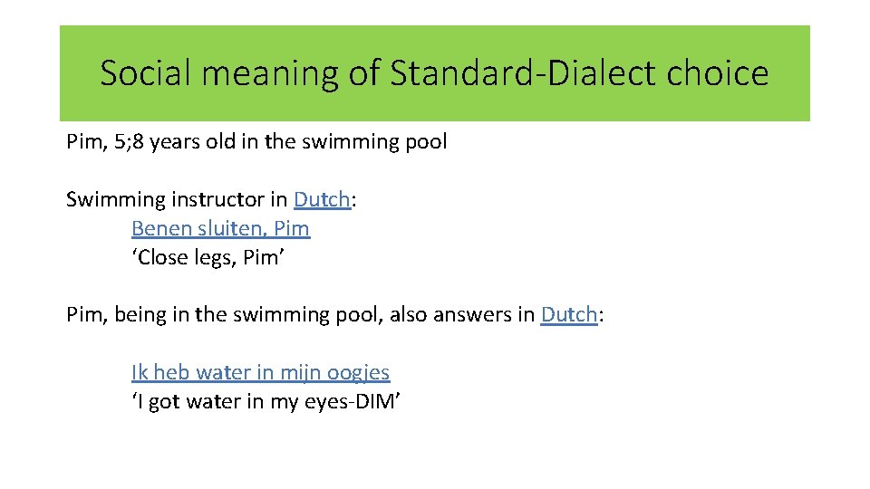 Social meaning of Standard-Dialect choice Pim, 5; 8 years old in the swimming pool