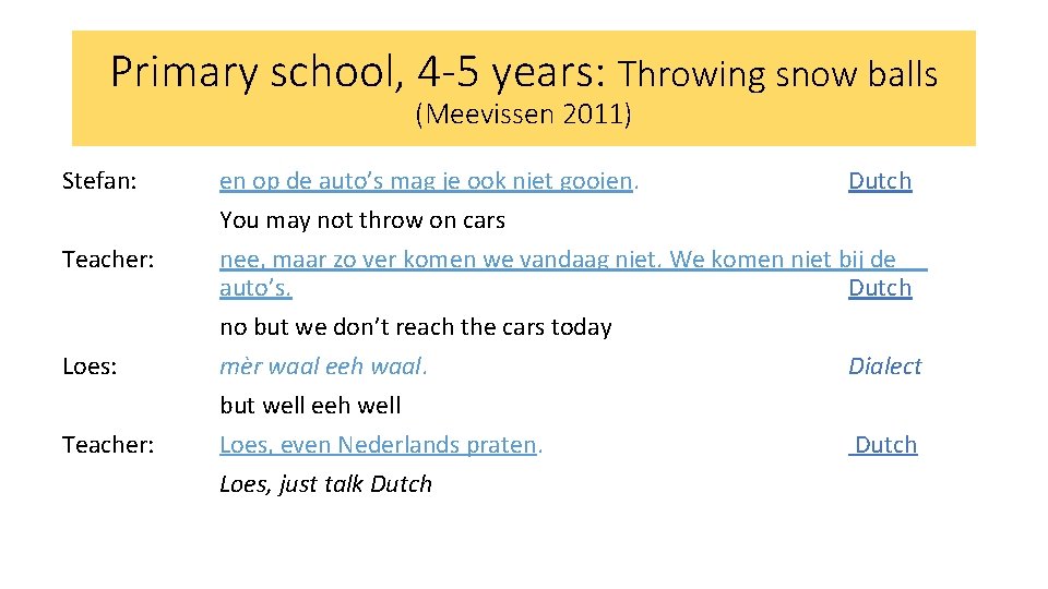 Primary school, 4 -5 years: Throwing snow balls (Meevissen 2011) Stefan: Teacher: Loes: Teacher: