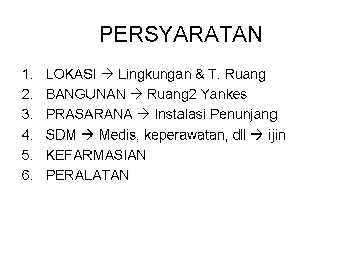 PERSYARATAN 1. 2. 3. 4. 5. 6. LOKASI Lingkungan & T. Ruang BANGUNAN Ruang