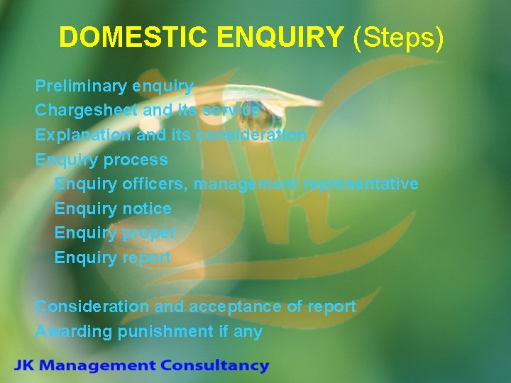 DOMESTIC ENQUIRY (Steps) Preliminary enquiry Chargesheet and its service Explanation and its consideration Enquiry