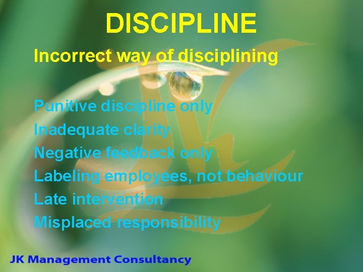 DISCIPLINE Incorrect way of disciplining Punitive discipline only Inadequate clarity Negative feedback only Labeling