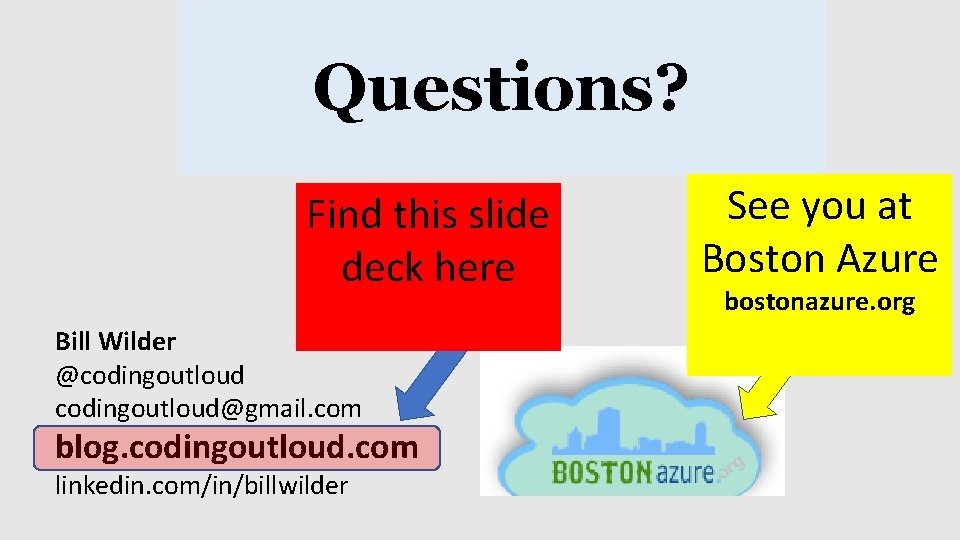 Questions? Find this slide deck here Bill Wilder @codingoutloud@gmail. com blog. codingoutloud. com linkedin.