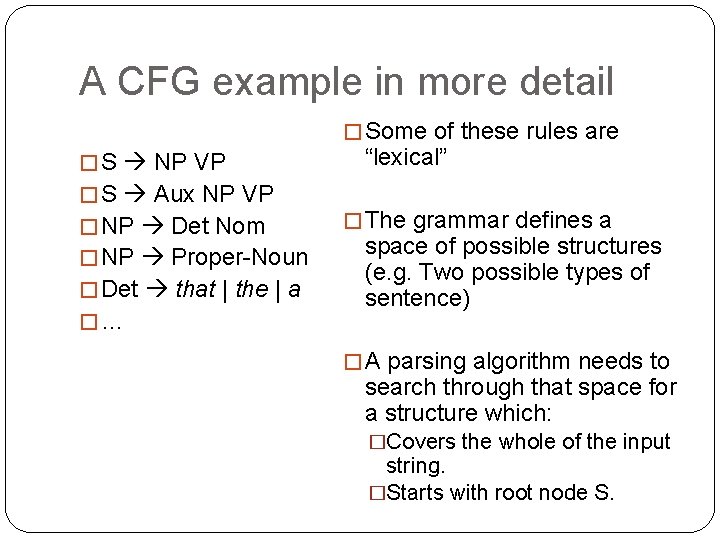 A CFG example in more detail � Some of these rules are � S