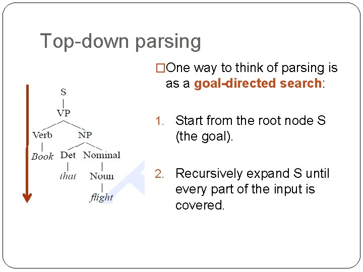 Top-down parsing �One way to think of parsing is as a goal-directed search: 1.