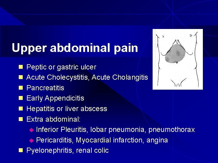 Upper abdominal pain n Peptic or gastric ulcer n Acute Cholecystitis, Acute Cholangitis n
