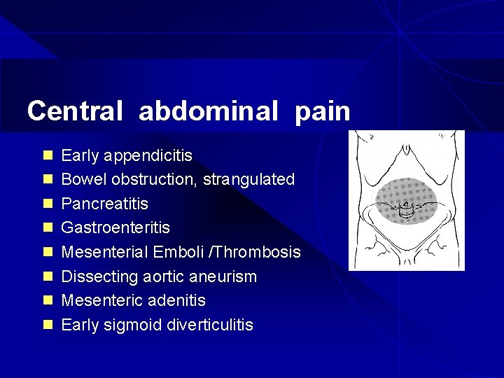 Central abdominal pain n Early appendicitis n Bowel obstruction, strangulated n Pancreatitis n Gastroenteritis