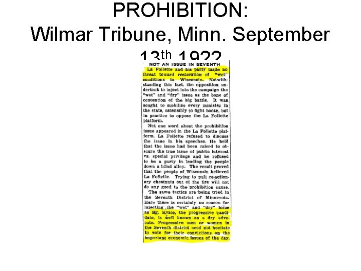 PROHIBITION: Wilmar Tribune, Minn. September 13 th 1922 