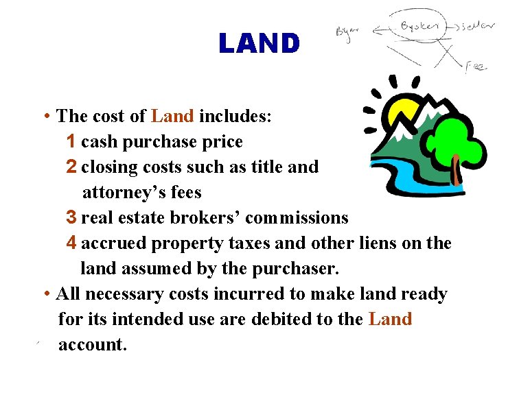 LAND • The cost of Land includes: 1 cash purchase price 2 closing costs