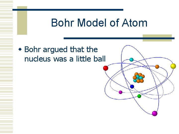 Bohr Model of Atom w Bohr argued that the nucleus was a little ball