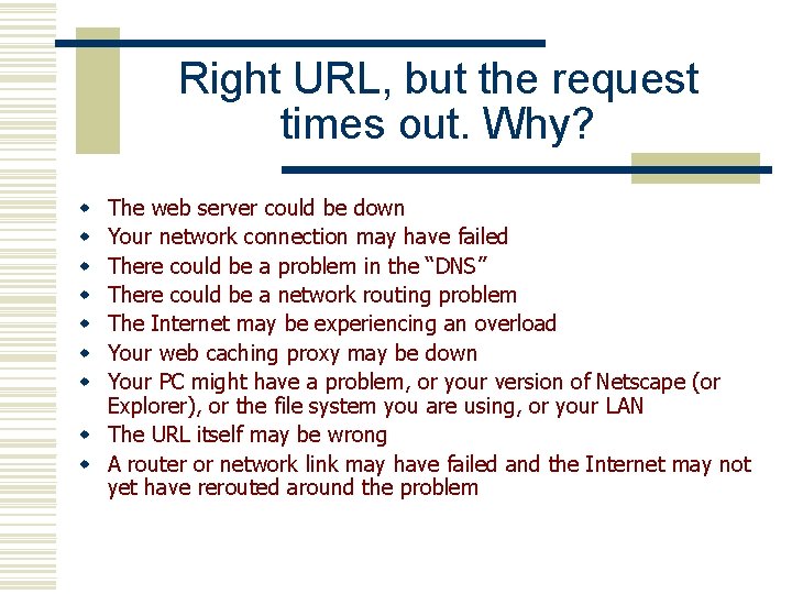 Right URL, but the request times out. Why? The web server could be down