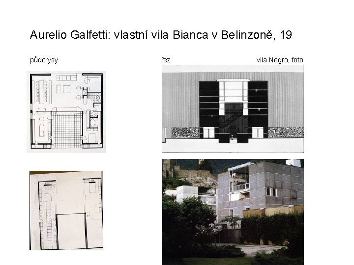 Aurelio Galfetti: vlastní vila Bianca v Belinzoně, 19 půdorysy řez vila Negro, foto 