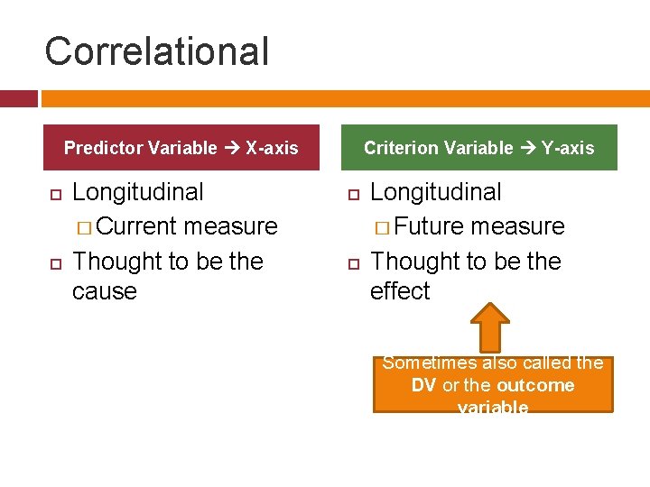 Correlational Predictor Variable X-axis Longitudinal � Current measure Thought to be the cause Criterion