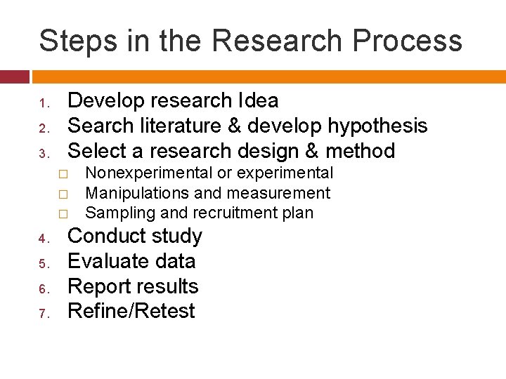 Steps in the Research Process 1. 2. 3. Develop research Idea Search literature &