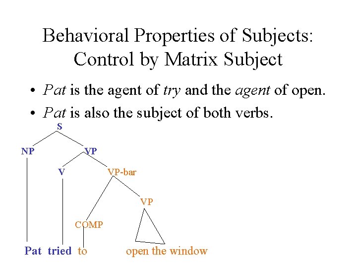 Behavioral Properties of Subjects: Control by Matrix Subject • Pat is the agent of