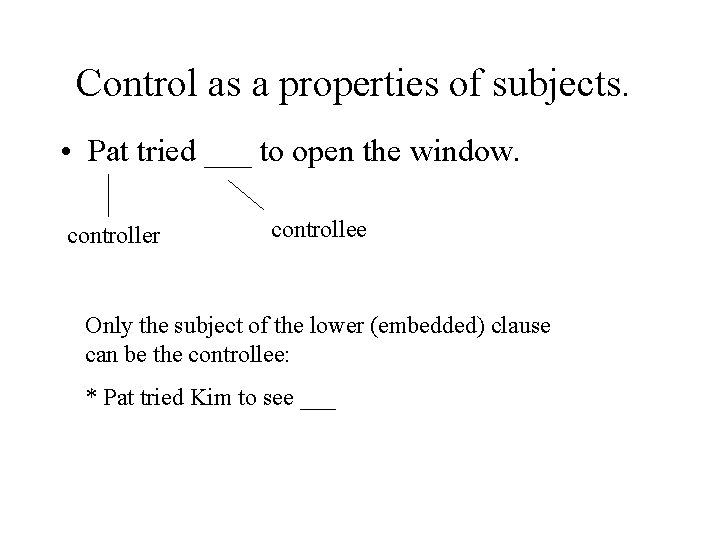 Control as a properties of subjects. • Pat tried ___ to open the window.