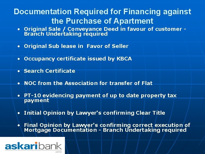 Documentation Required for Financing against the Purchase of Apartment • Original Sale / Conveyance