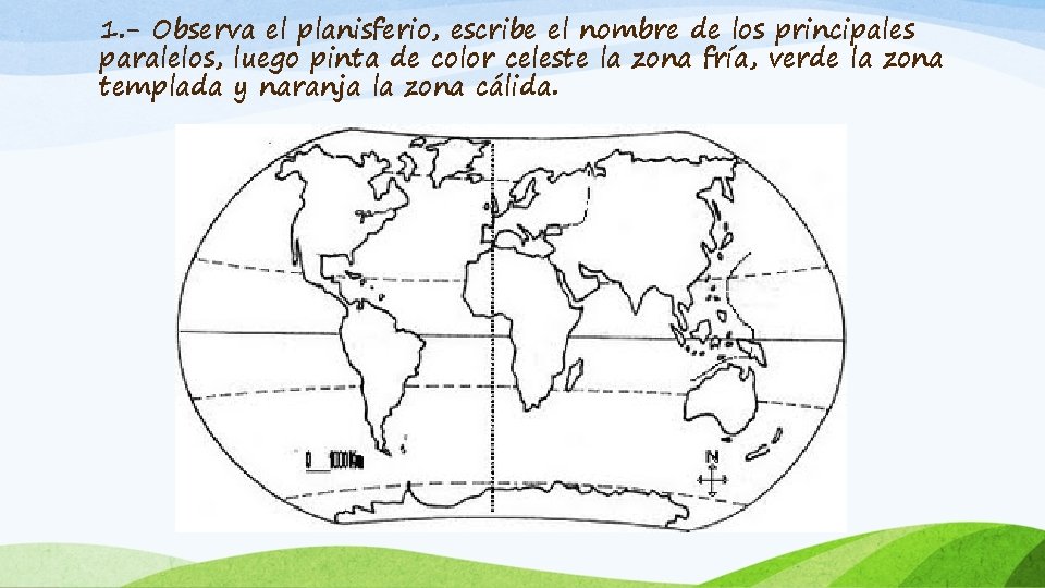 1. - Observa el planisferio, escribe el nombre de los principales paralelos, luego pinta