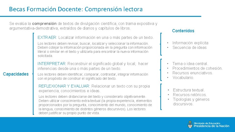 Becas Formación Docente: Comprensión lectora Se evalúa la comprensión de textos de divulgación científica,
