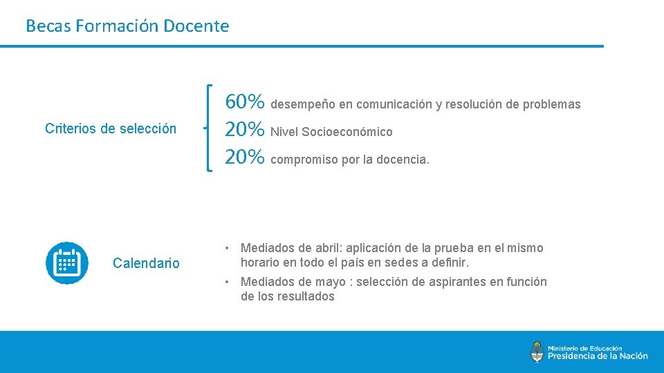 Becas Formación Docente Criterios de selección Calendario 60% desempeño en comunicación y resolución de