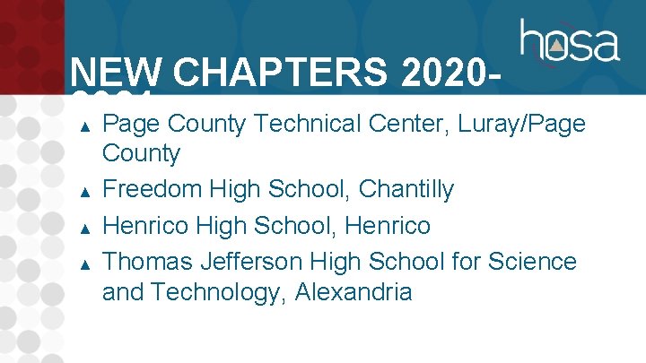 NEW CHAPTERS 20202021 Page County Technical Center, Luray/Page ▲ ▲ County Freedom High School,