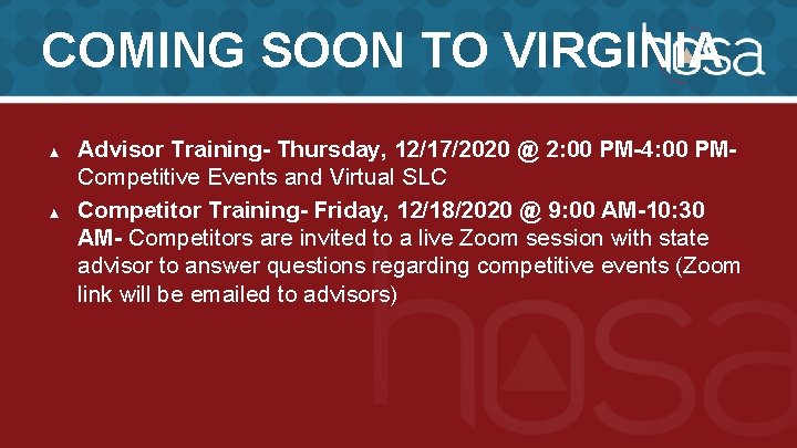 COMING SOON TO VIRGINIA ▲ ▲ Advisor Training- Thursday, 12/17/2020 @ 2: 00 PM-4: