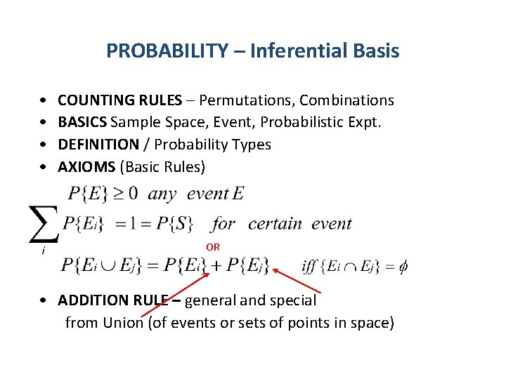 PROBABILITY – Inferential Basis • • COUNTING RULES – Permutations, Combinations BASICS Sample Space,