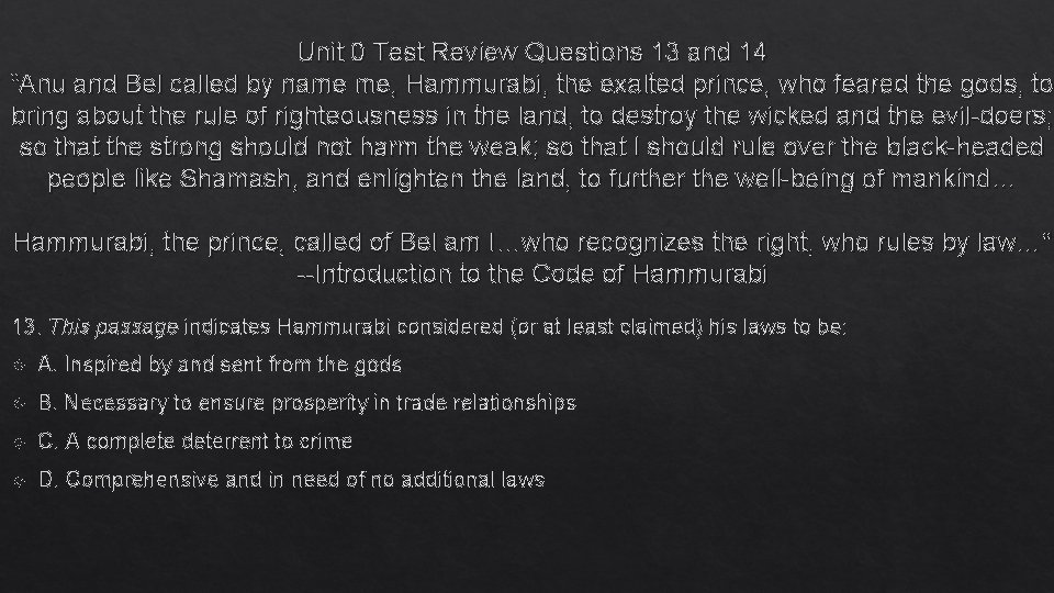 Unit 0 Test Review Questions 13 and 14 “Anu and Bel called by name