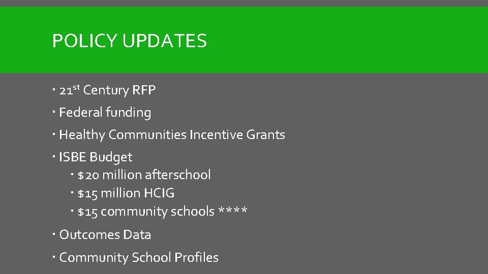 POLICY UPDATES 21 st Century RFP Federal funding Healthy Communities Incentive Grants ISBE Budget