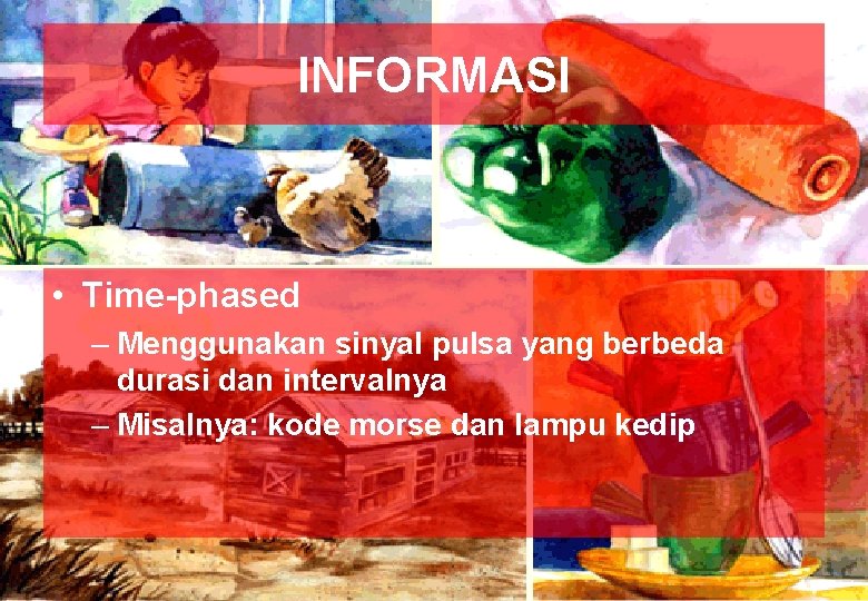 INFORMASI • Time-phased – Menggunakan sinyal pulsa yang berbeda durasi dan intervalnya – Misalnya: