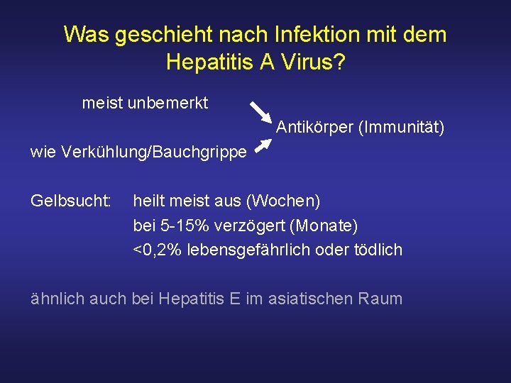 Was geschieht nach Infektion mit dem Hepatitis A Virus? meist unbemerkt Antikörper (Immunität) wie
