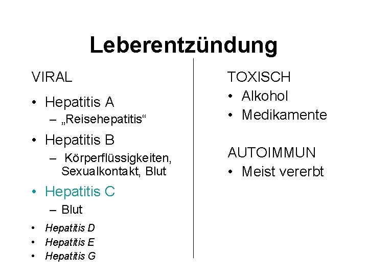 Leberentzündung VIRAL • Hepatitis A – „Reisehepatitis“ • Hepatitis B – Körperflüssigkeiten, Sexualkontakt, Blut