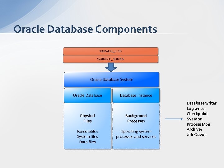 Oracle Database Components Database writer Log writer Checkpoint Sys Mon Process Mon Archiver Job