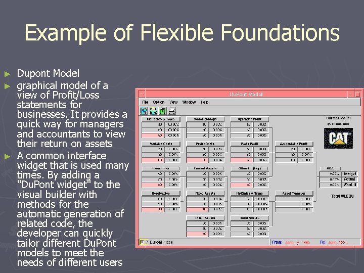 Example of Flexible Foundations Dupont Model graphical model of a view of Profit/Loss statements