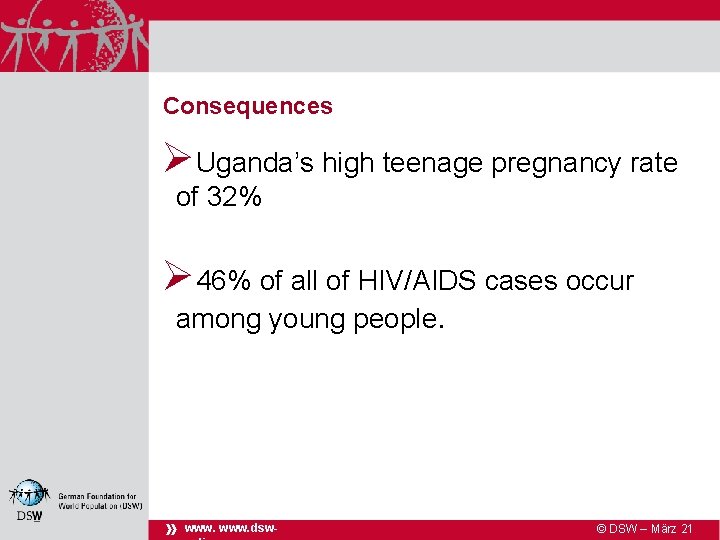 Consequences ØUganda’s high teenage pregnancy rate of 32% Ø 46% of all of HIV/AIDS