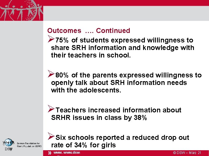 Outcomes …. Continued Ø 75% of students expressed willingness to share SRH information and