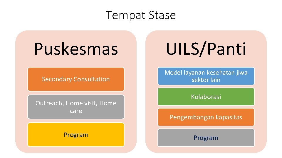 Tempat Stase Puskesmas UILS/Panti Secondary Consultation Model layanan kesehatan jiwa sektor lain Outreach, Home