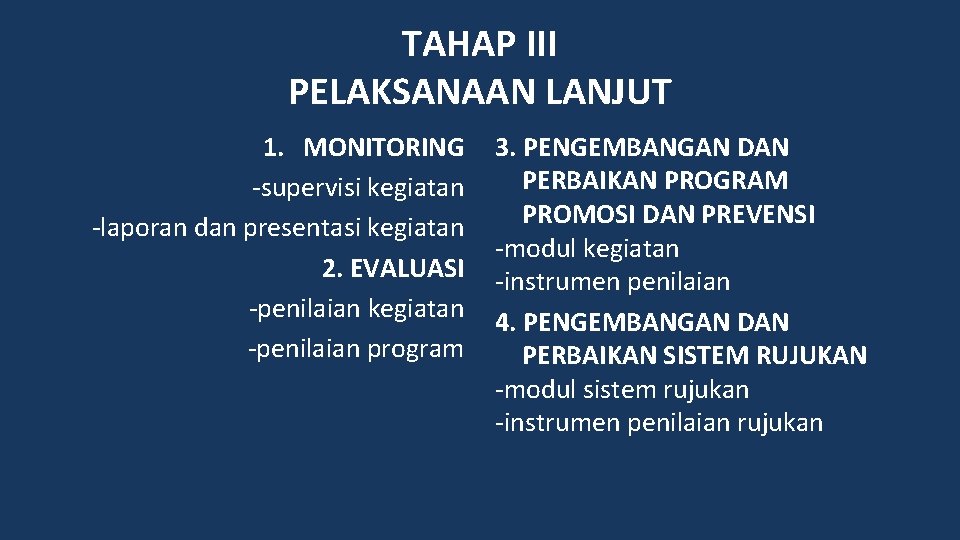 TAHAP III PELAKSANAAN LANJUT 1. MONITORING -supervisi kegiatan -laporan dan presentasi kegiatan 2. EVALUASI