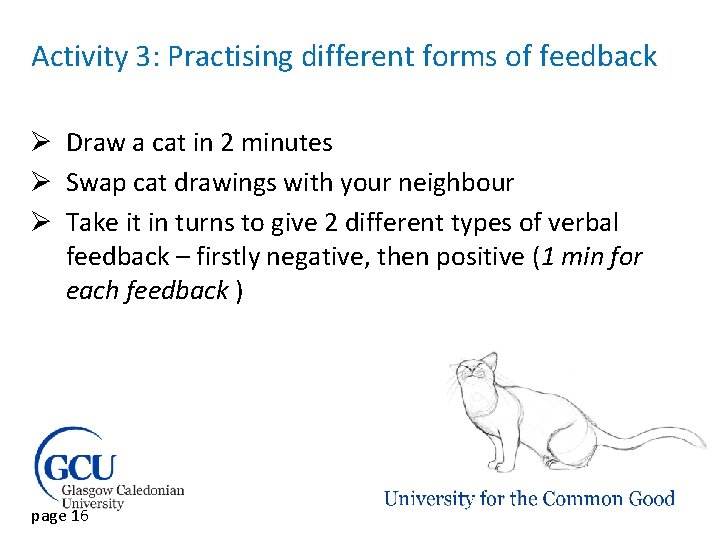 Activity 3: Practising different forms of feedback Ø Draw a cat in 2 minutes
