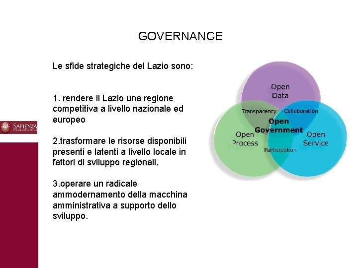 GOVERNANCE Le sfide strategiche del Lazio sono: 1. rendere il Lazio una regione competitiva