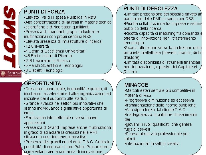 PUNTI DI DEBOLEZZA PUNTI DI FORZA • Elevato livello di spesa Pubblica in R&S